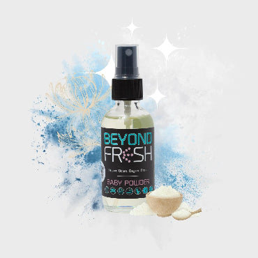 Bottle of Baby Powder scented spray with light blue abstract elements on white background.