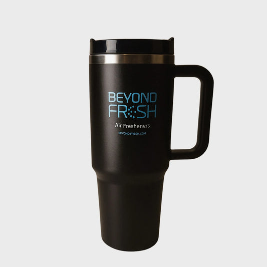 Front side of black stainless steel tumbler with blue UV printed 'Beyond Fresh' branding on a white background.