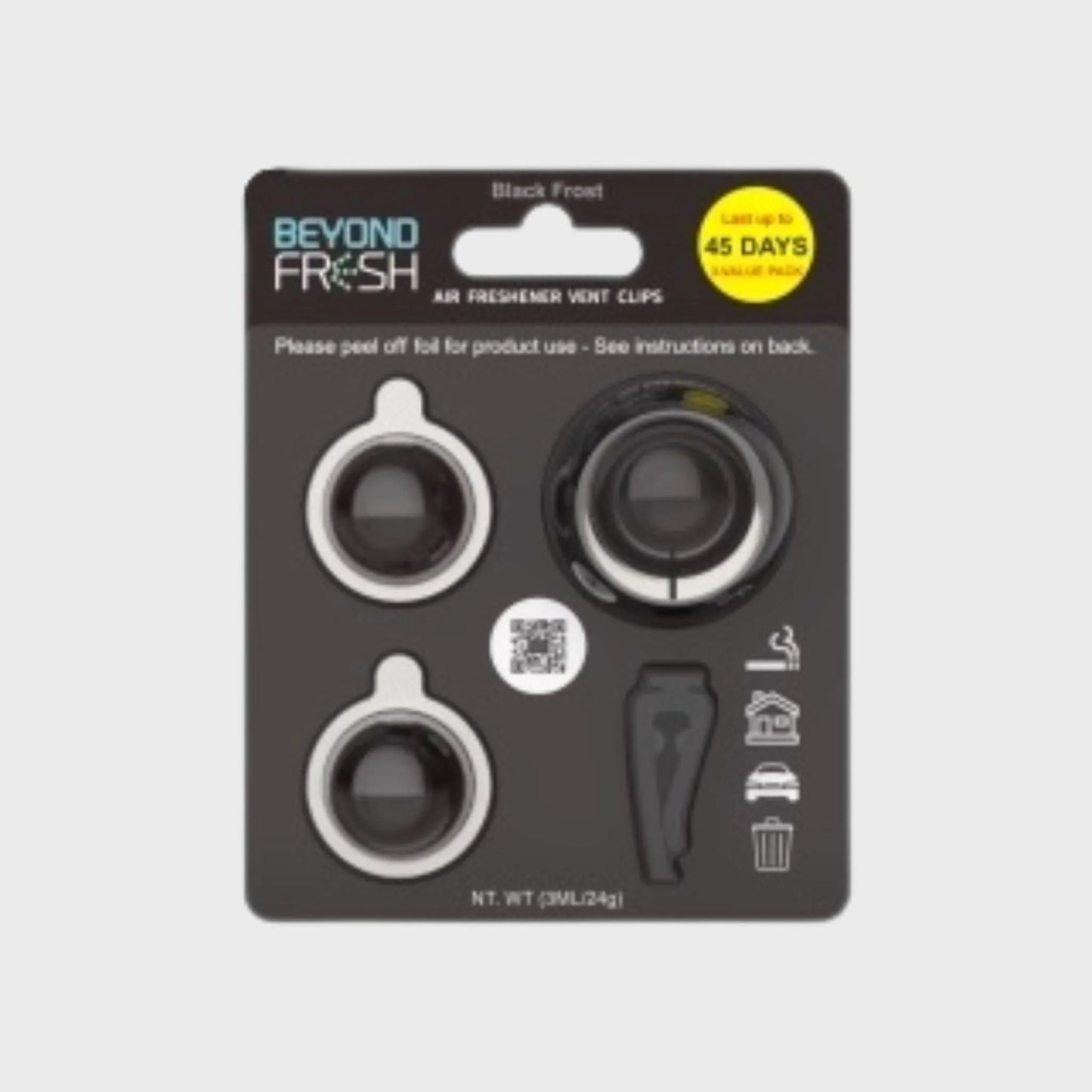 Packaging of Beyond Fresh air freshener air vent, Black Frost scent on a white background