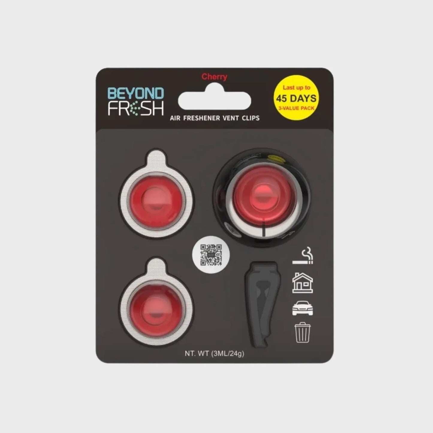 Packaging of Beyond Fresh air freshener air vent, Cherry scent on a white background