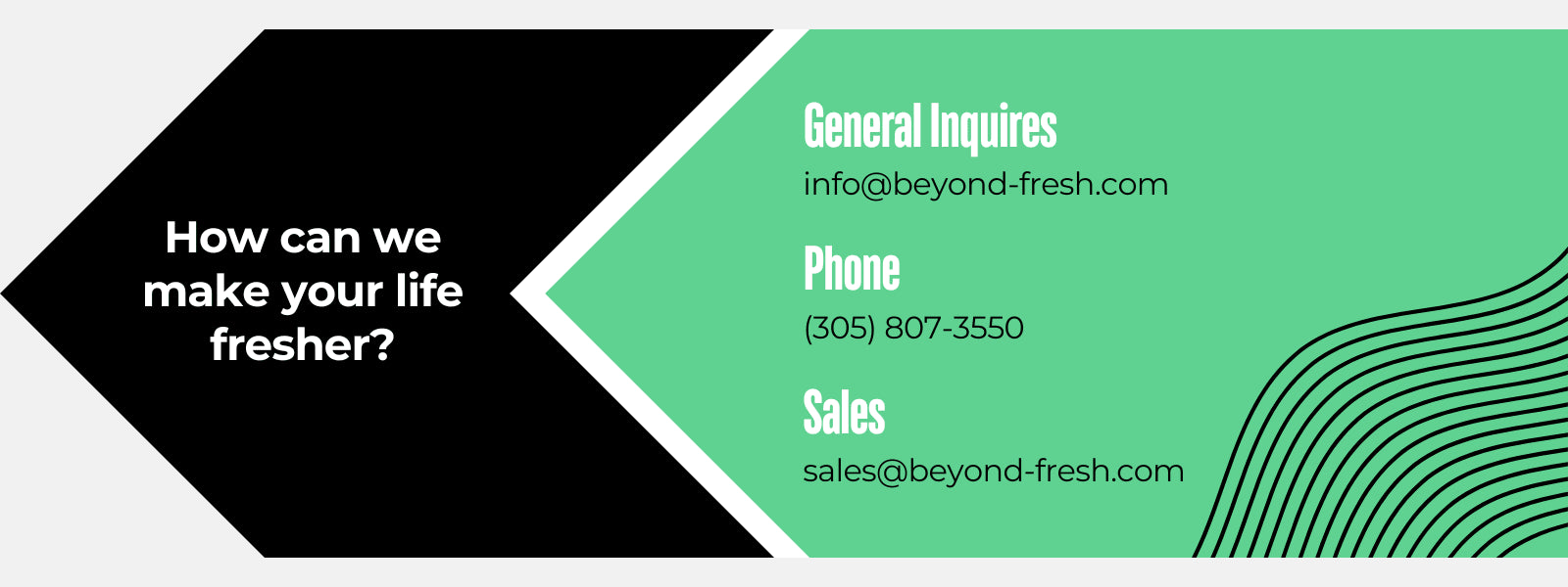 Black and green banner with contact information on white background