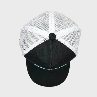 Top view of black and white cap with light blue 'Beyond Fresh' branding on a white background.