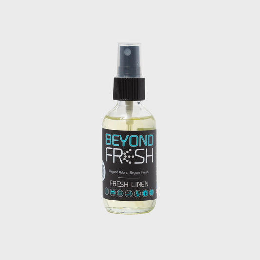 Bottle of 'Beyond Fresh' Fresh Linen scented spray on a white background.