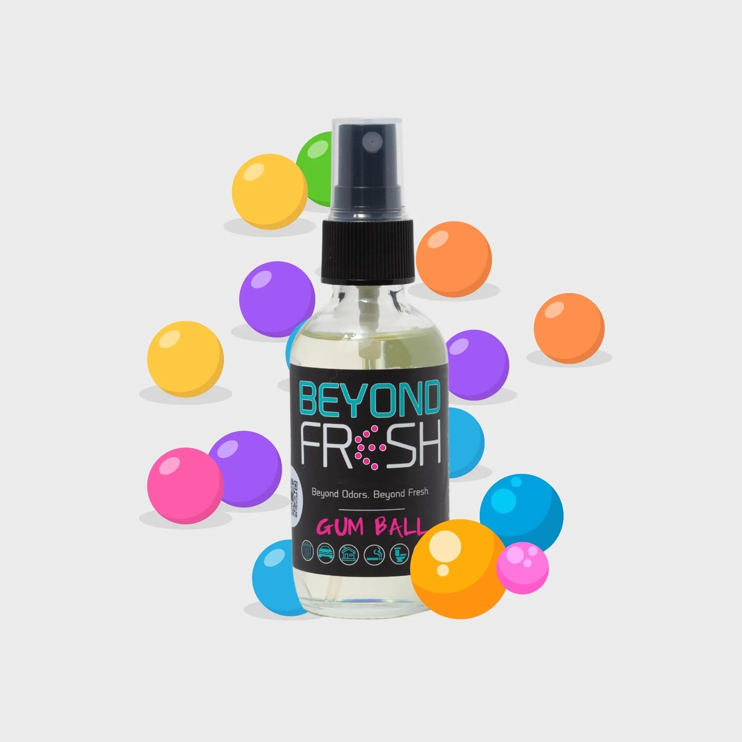 Bottle of 'Beyond Fresh' gum ball scented spray with colorful bubbles on a white background.