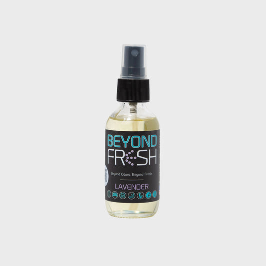 Bottle of 'Beyond Fresh' Lavender scented spray on a white background.