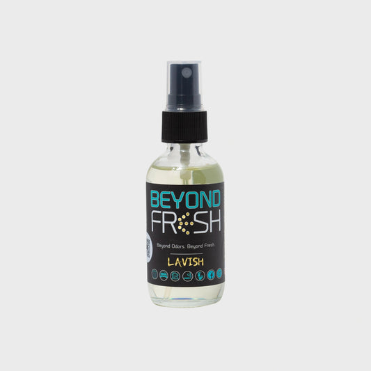 Bottle of 'Beyond Fresh' Lavish scented spray on a white background.