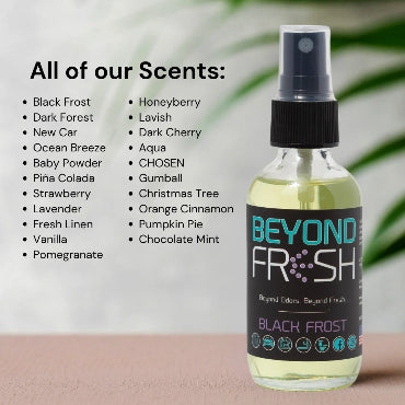 Bottle of Beyond Fresh spray with a list of all scents available on a neutral background.