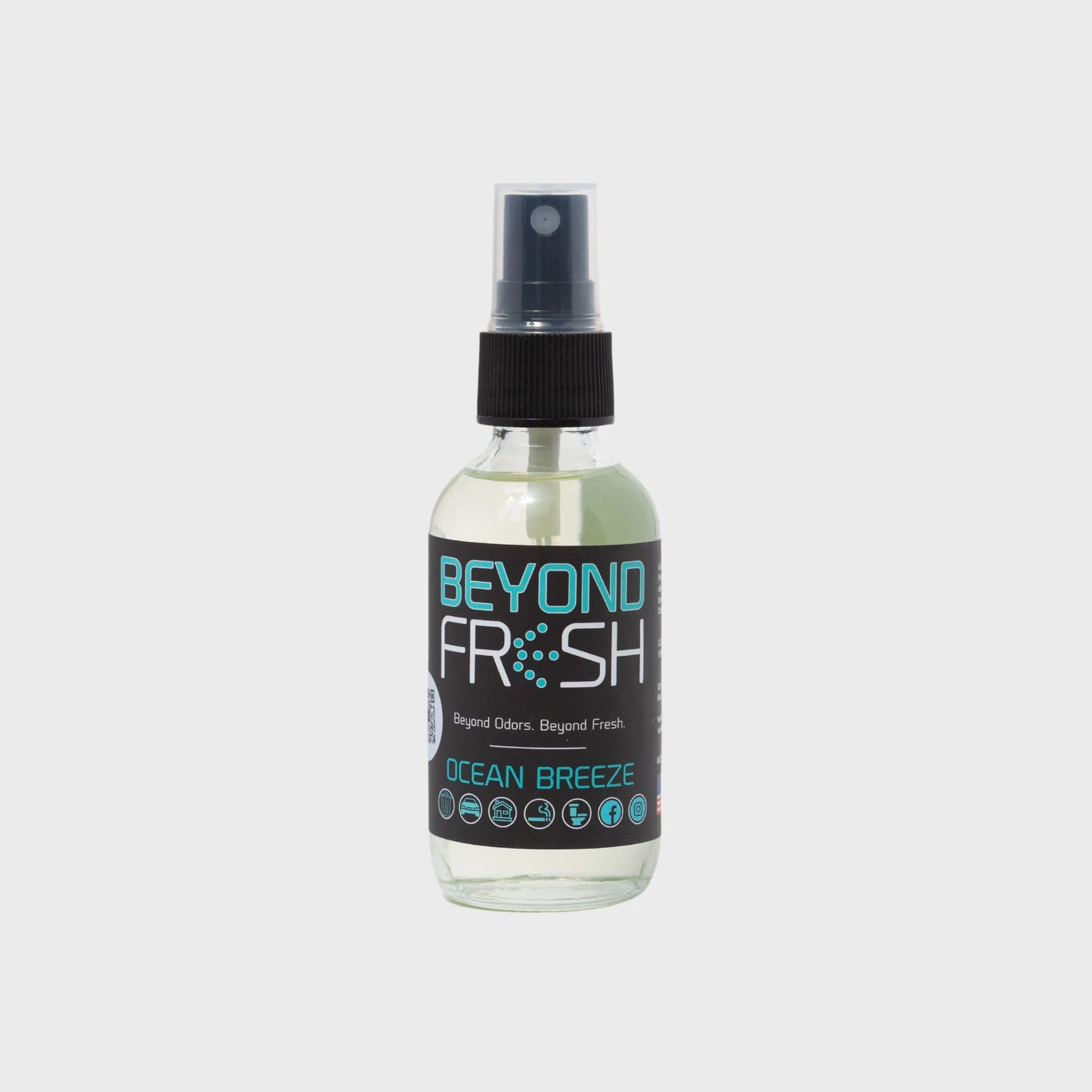 Bottle of 'Beyond Fresh' Ocean Breeze scented spray on a white background.