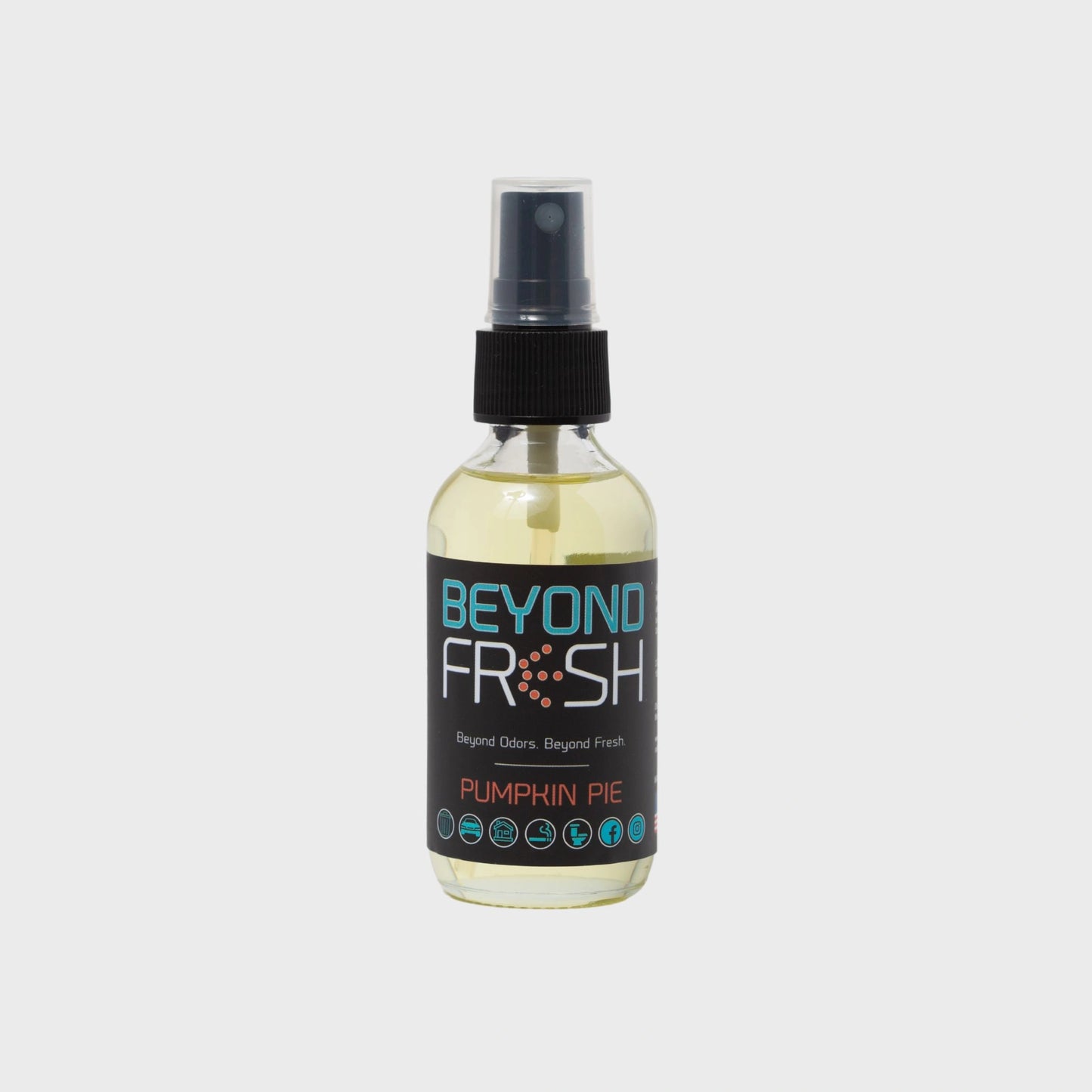 Bottle of 'Beyond Fresh' Pumpkin Pie scented spray with on a white background.