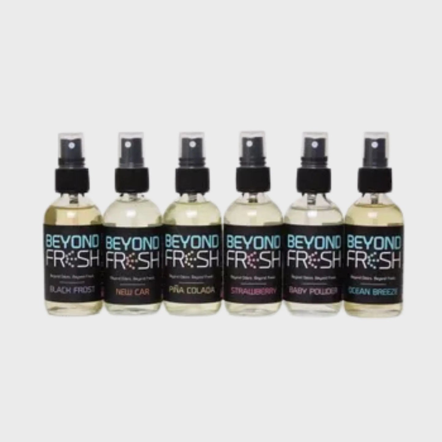 Six bottles of Beyond Fresh spray on a white background.