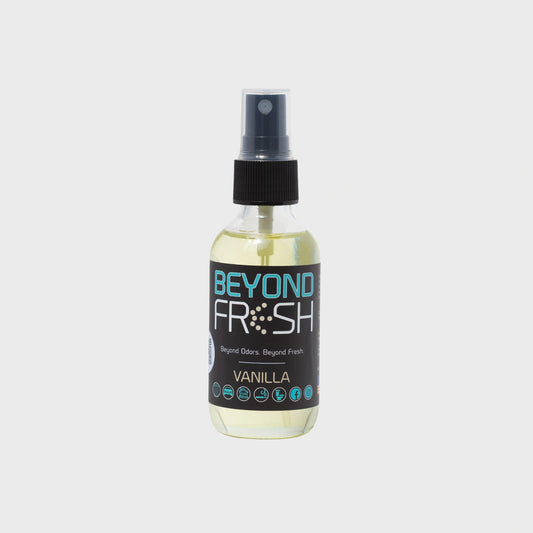 Bottle of 'Beyond Fresh' Vanilla scented spray on a white background.