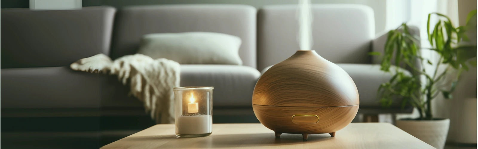 Wooden diffuser on a table with a candle and plants in a living room setting