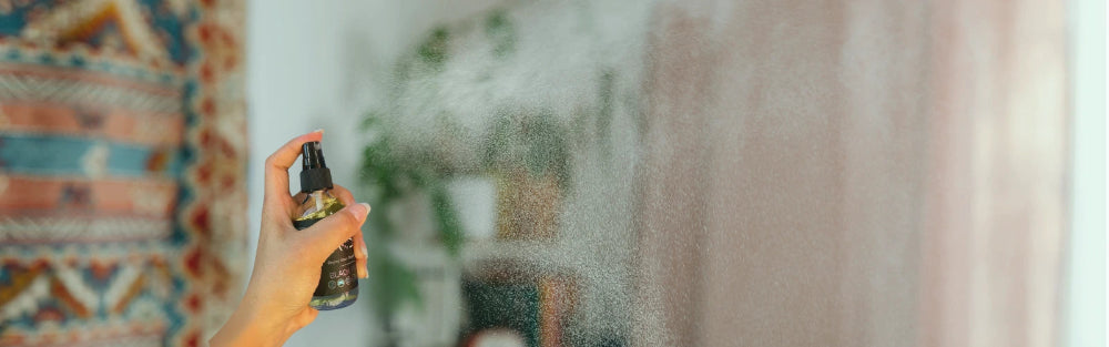 Hand holding bottle of air freshener near window with blurred indoor background