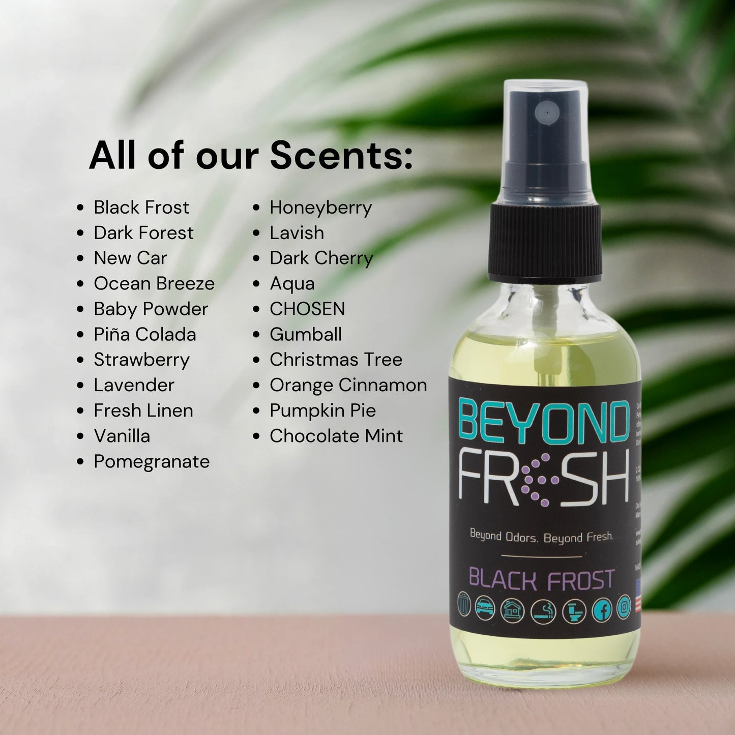 Bottle of Beyond Fresh black frost spray with a list of scents on a neutral background