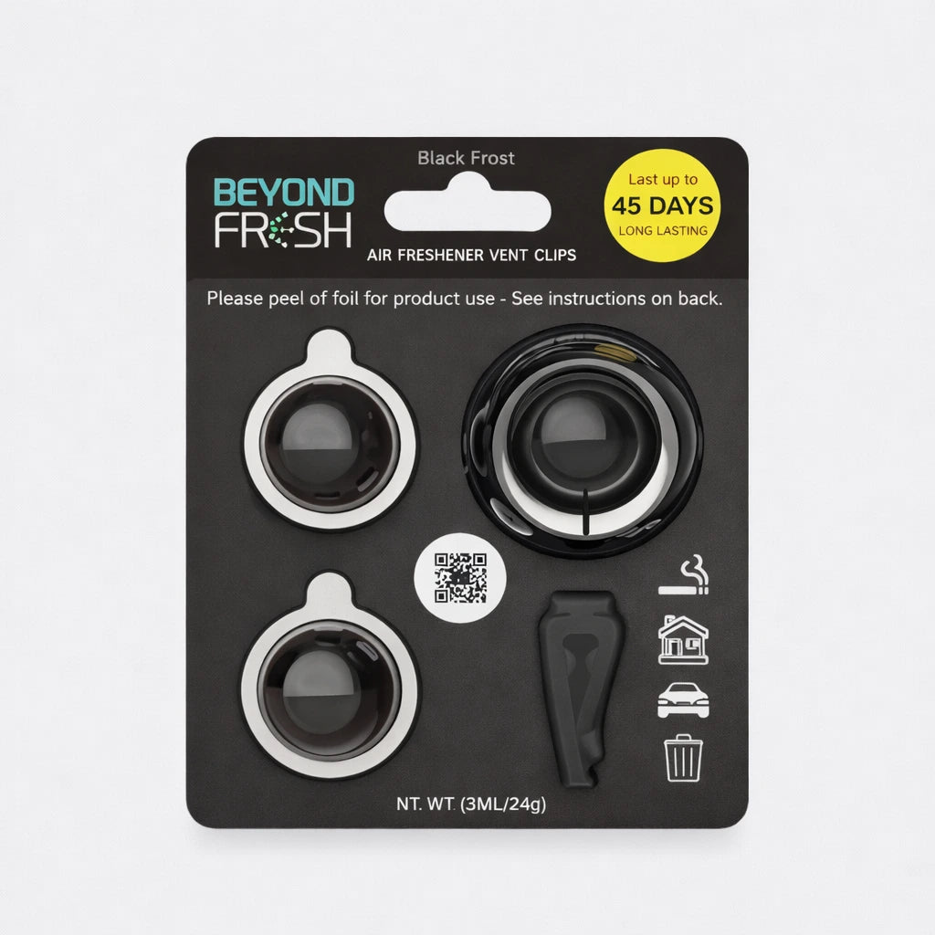 Packaging of Beyond Fresh air freshener vent clips on a light gray background