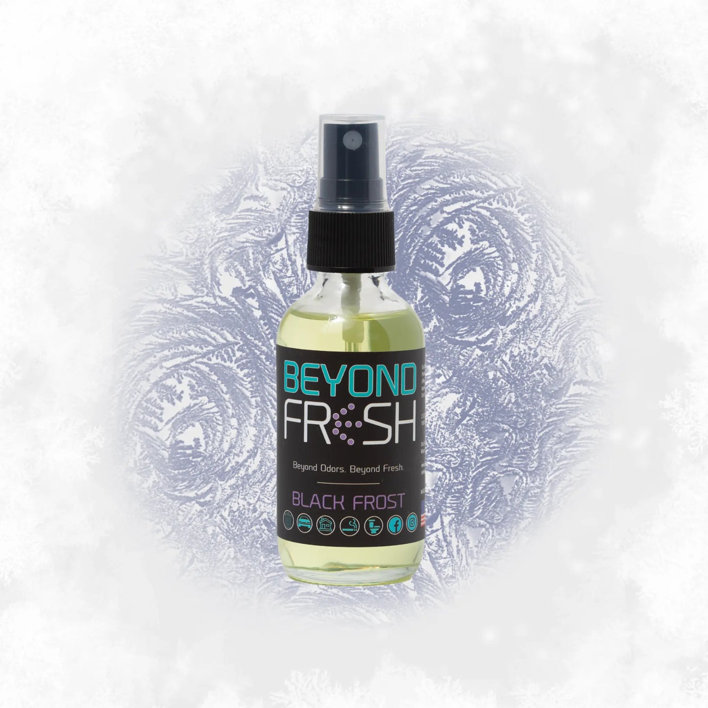Bottle of Black Frost scent with decorative elements on a light gray background