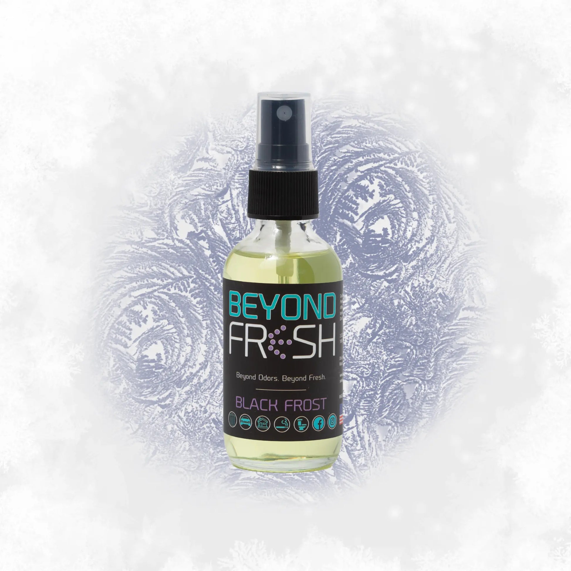 Bottle of Black Frost scent with decorative elements on a light gray background