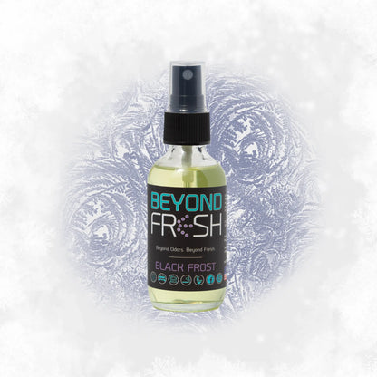 Bottle of Black Frost scent with decorative elements on a light gray background