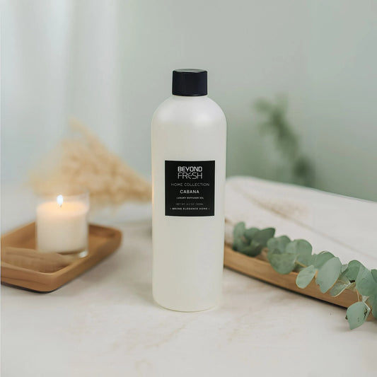 500 ml bottle of Home Collection Diffuser Oil Refill, Cabana Scent with a bathroom background