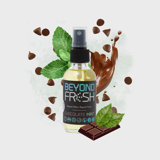 Bottle of 'Beyond Fresh' chocolate mint spray with chocolate and mint leaves on a light background