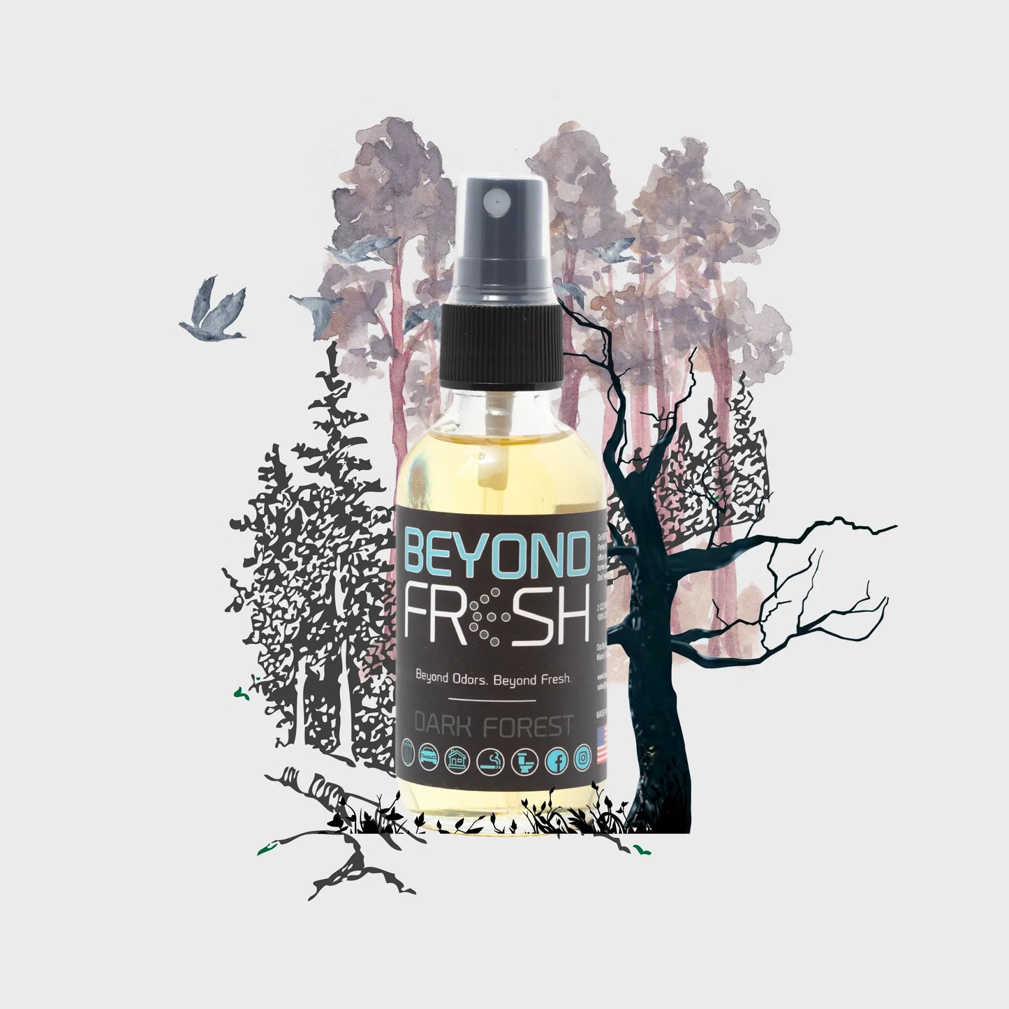 Bottle of Dark Forest scent with a forest design in the background