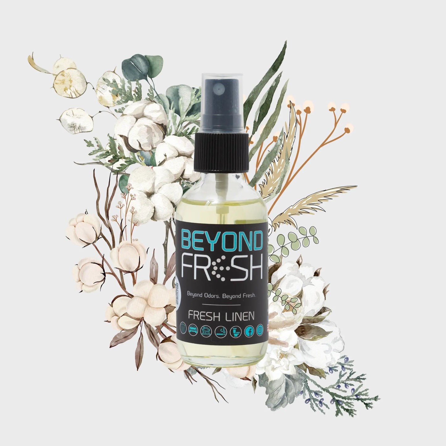 Bottle of Fresh Linen scent with floral and leaf decorations on a light background