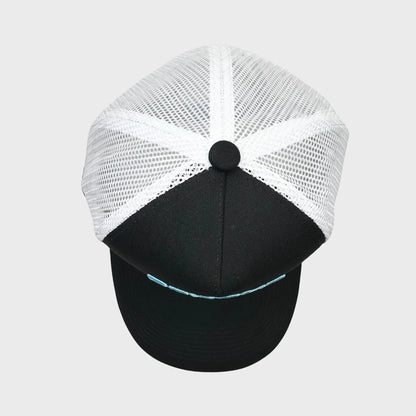 Black and white cap with mesh back on a light gray background