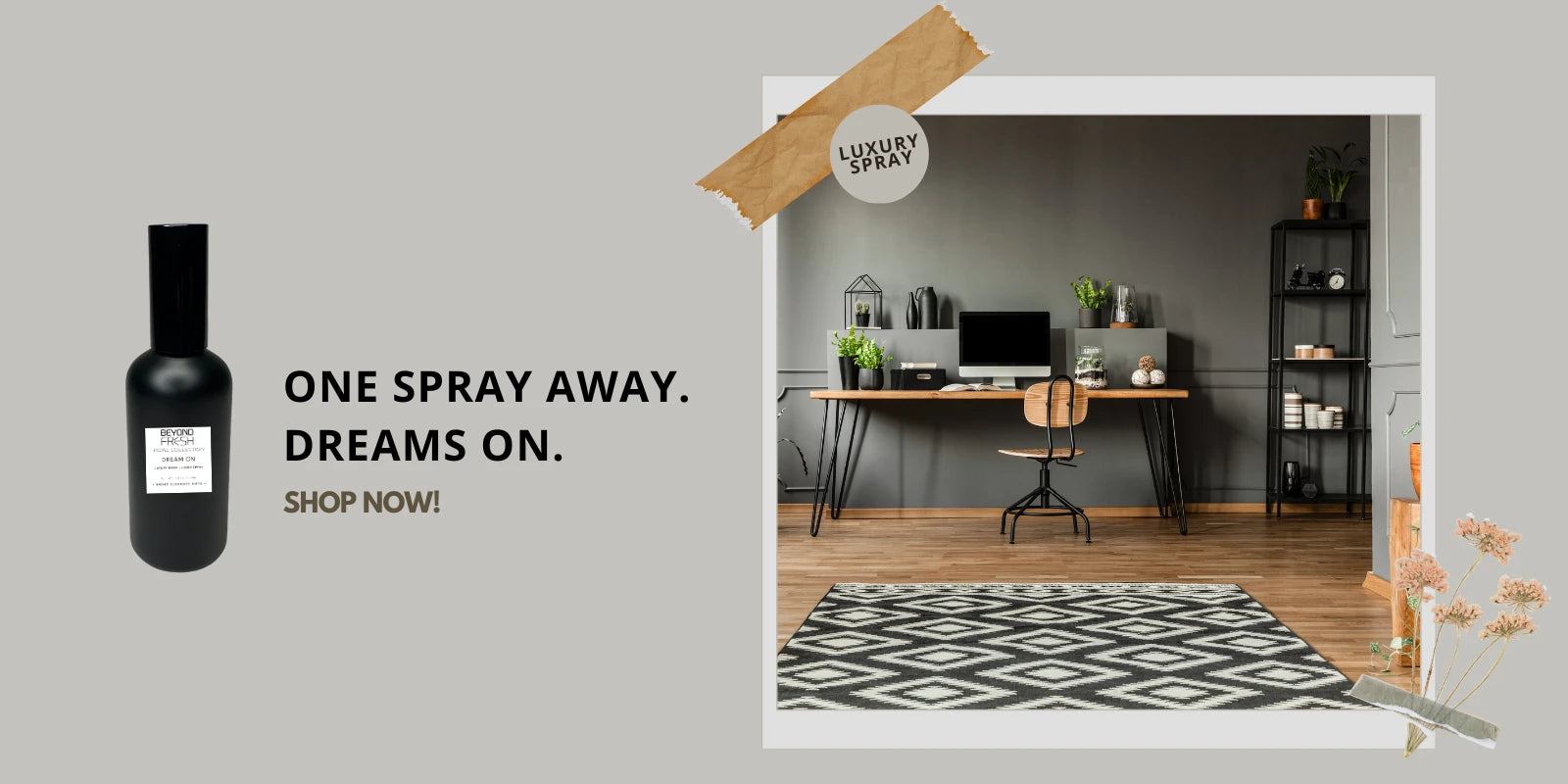 Advertisement for room spray product with a home office background