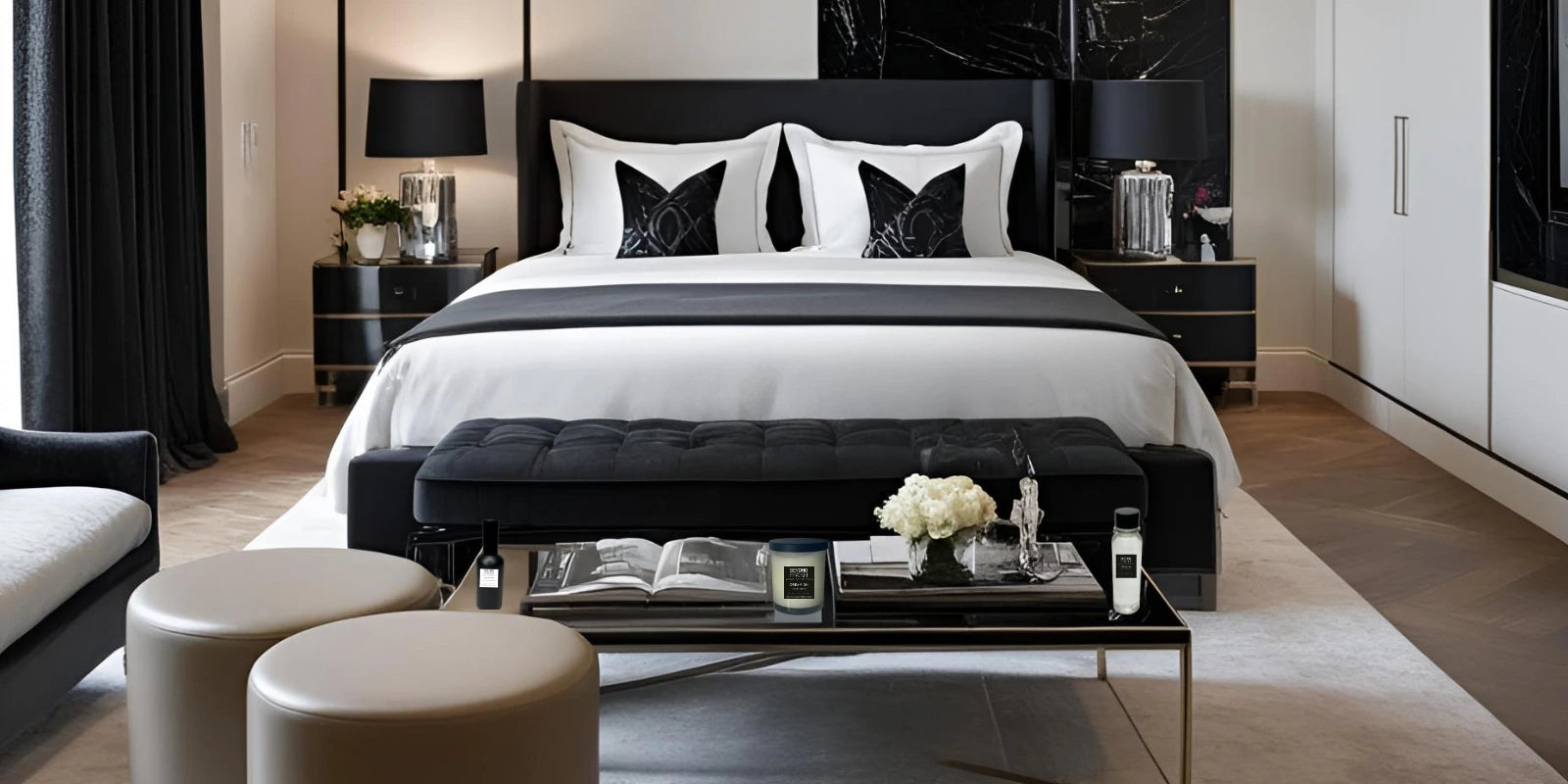 Modern bedroom with black and white decor and coffee table displaying home collection products
