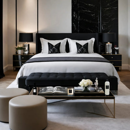 Modern bedroom with a black and white color scheme, featuring a bed, nightstands, and a coffee table with Home collection on display on the table.