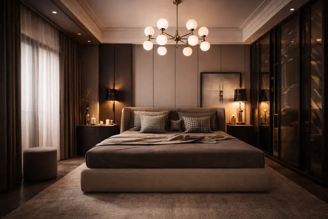 Warm-toned bedroom (evening / cozy lighting)