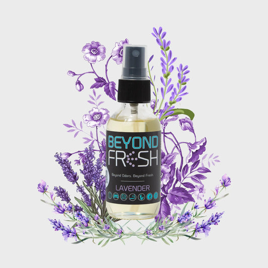 Bottle of Lavender scent surrounded by lavender flowers on a light gray background
