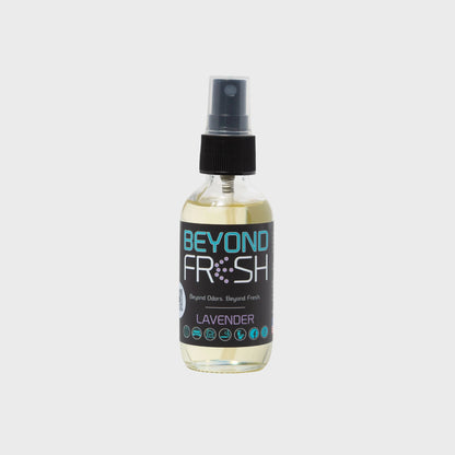 Bottle of 'Beyond Fresh' Lavender scented spray on a white background.