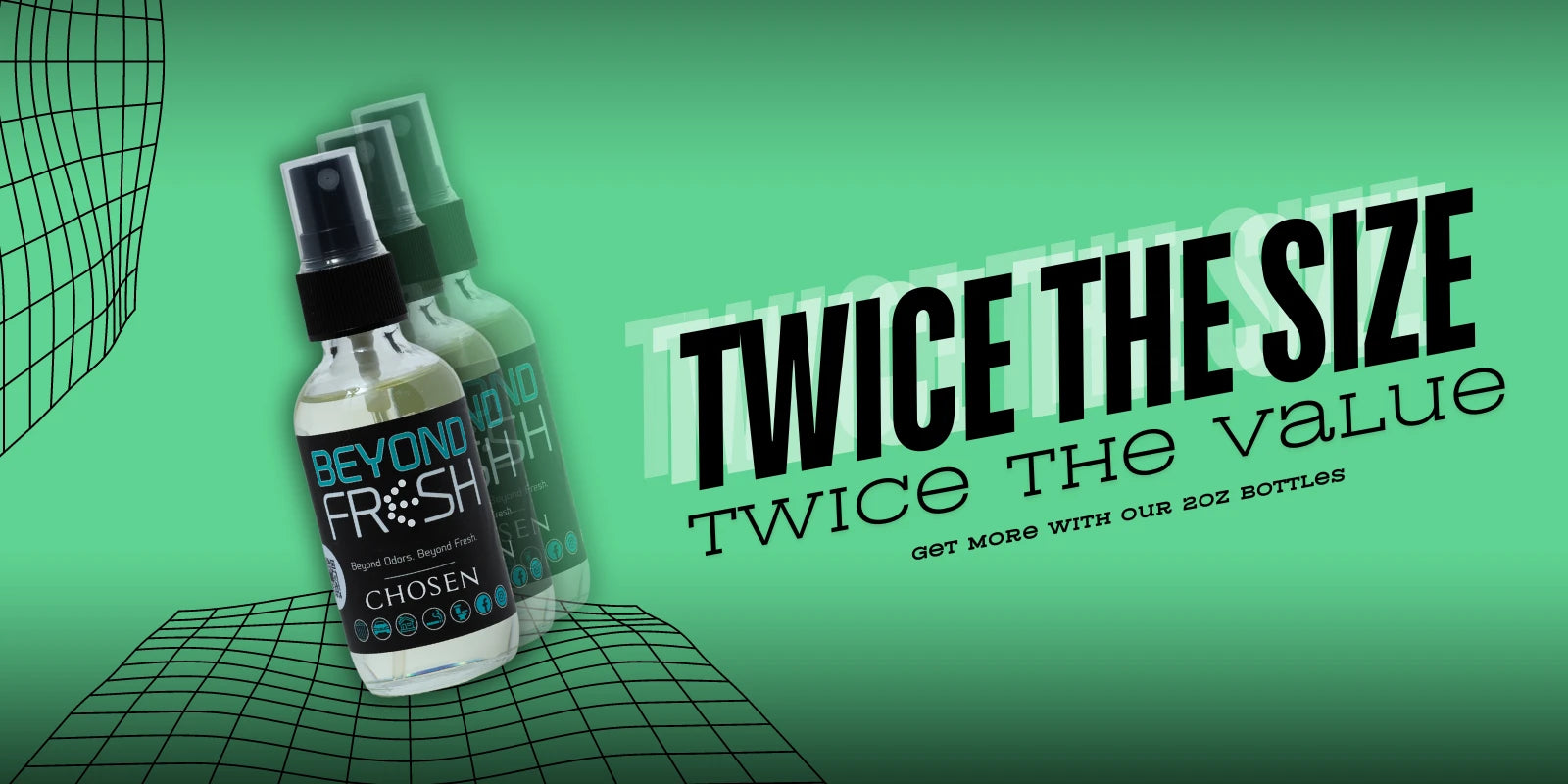 Air freshener bottle with "Twice the size, twice the value" text on a green background