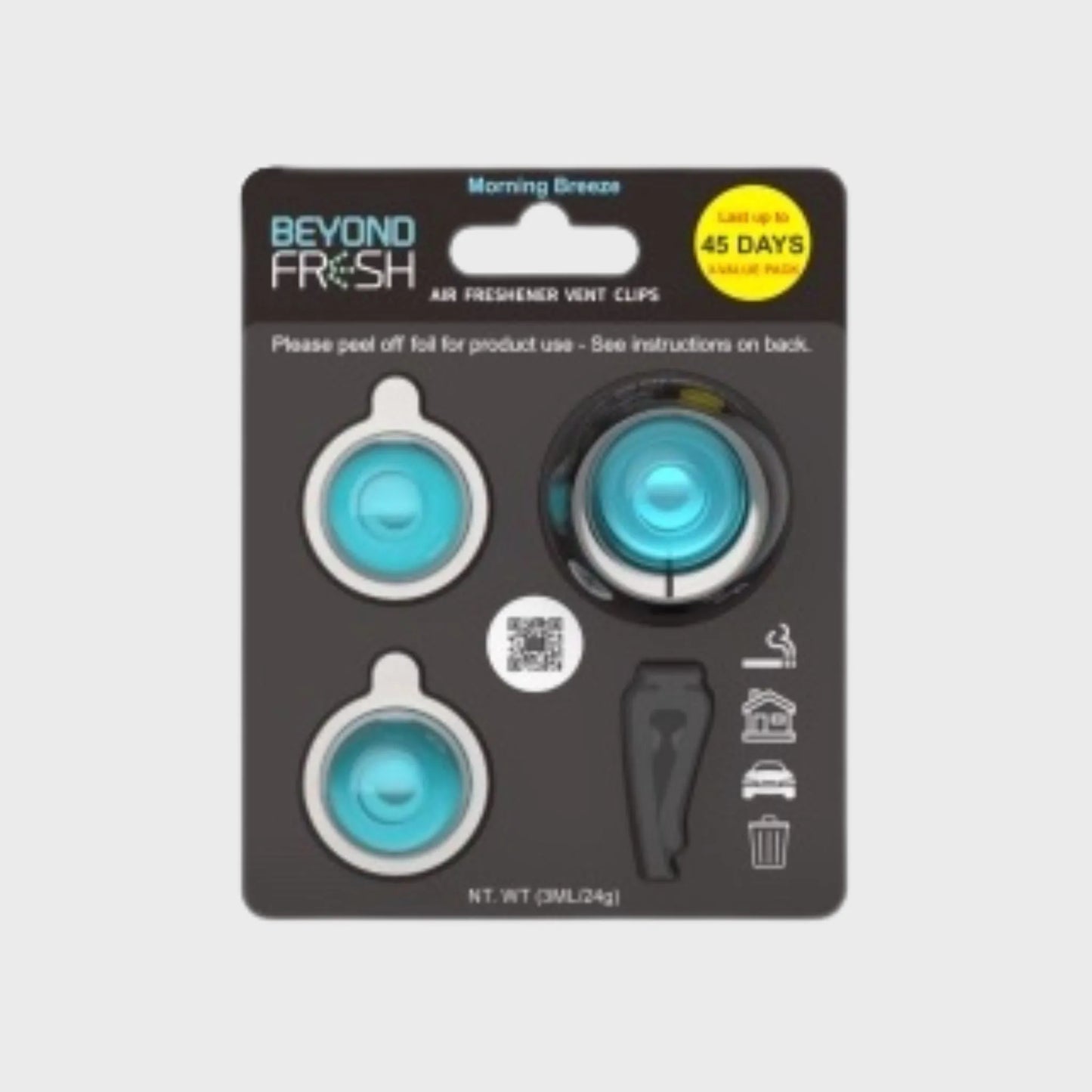 Packaging of Beyond Fresh air freshener air vent, Morning Breeze scent on a white background