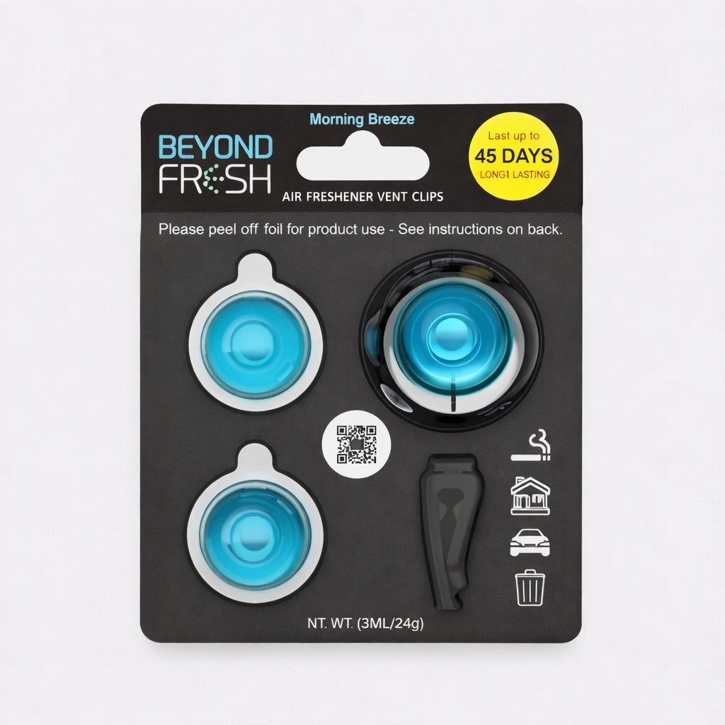 Packaging of Beyond Frosh air freshener vent clips with blue circular components on a light background.