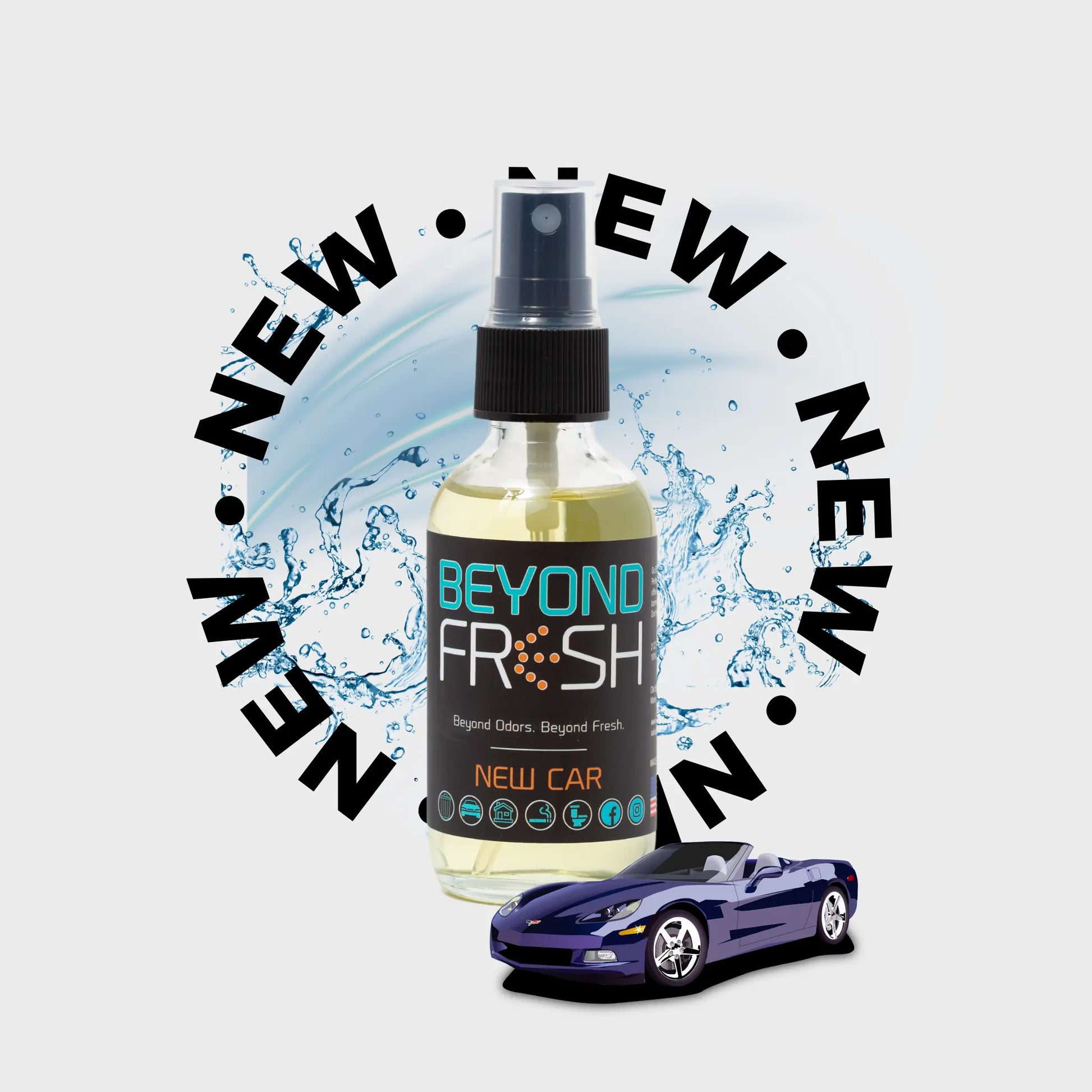 Bottle of New Car scent with water droplets and a purple car on a light gray background.