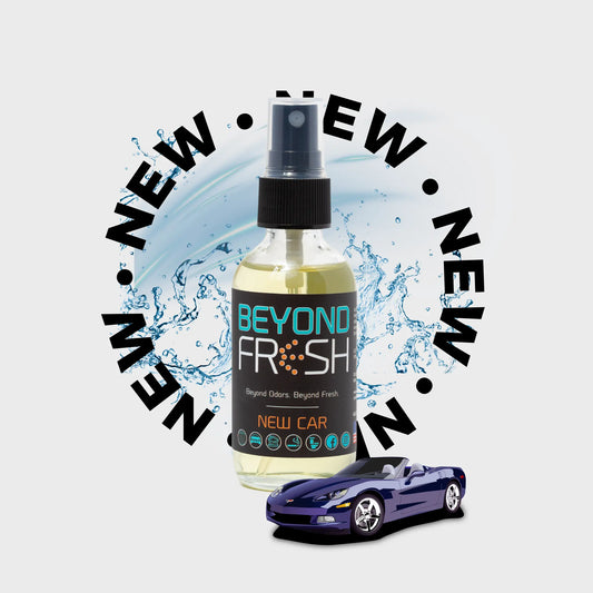 Bottle of New Car scent with water droplets and a purple car on a light gray background.