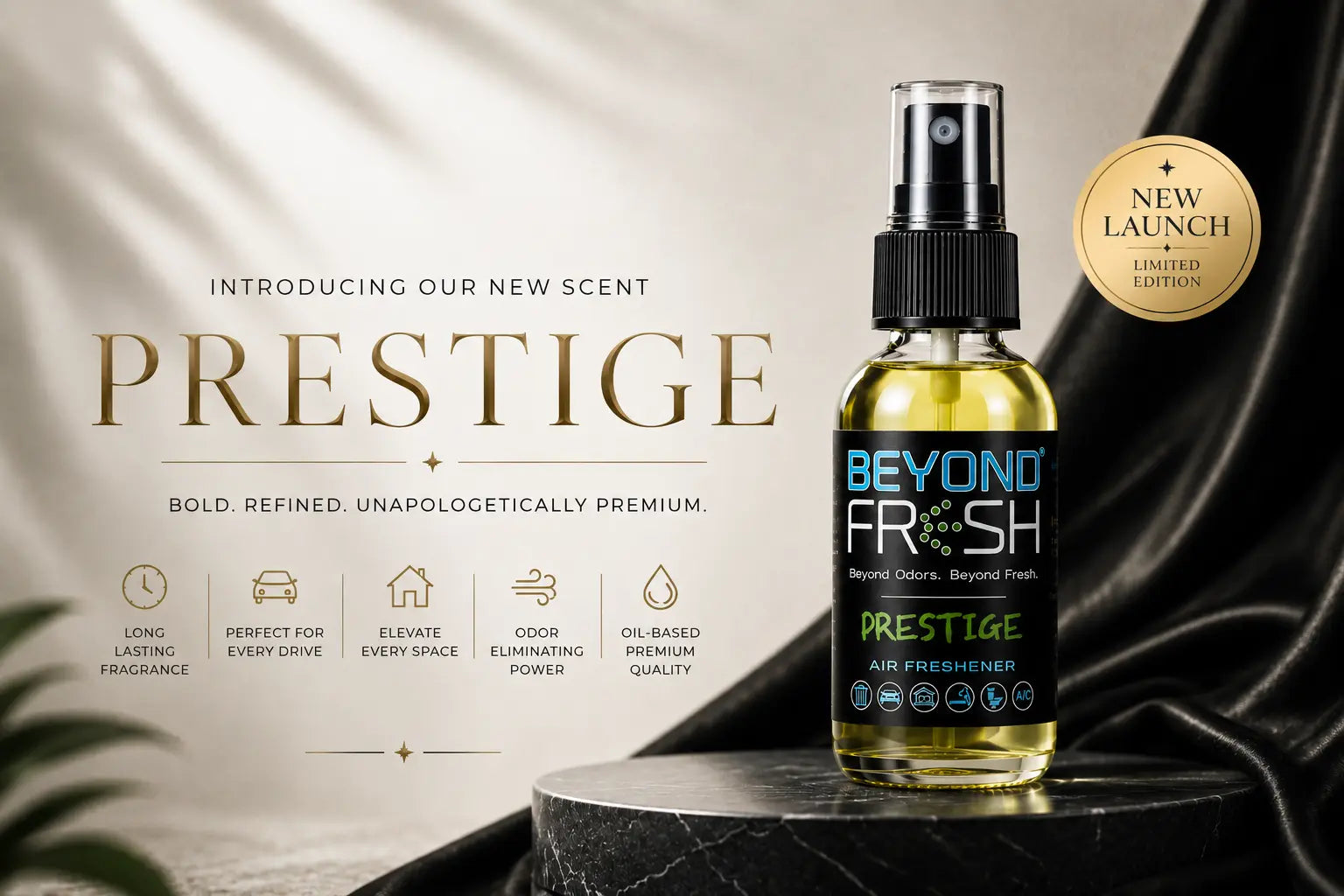 Image of new scent Prestige scent on a black marble table