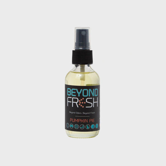 Bottle of 'Beyond Fresh' Pumpkin Pie scented spray with on a white background.