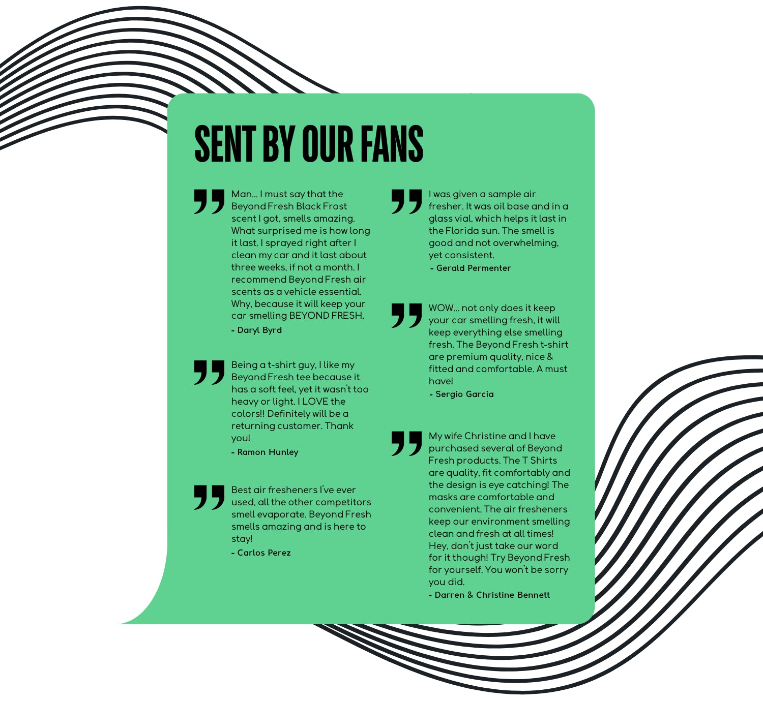 Green card with customer testimonials on a white background