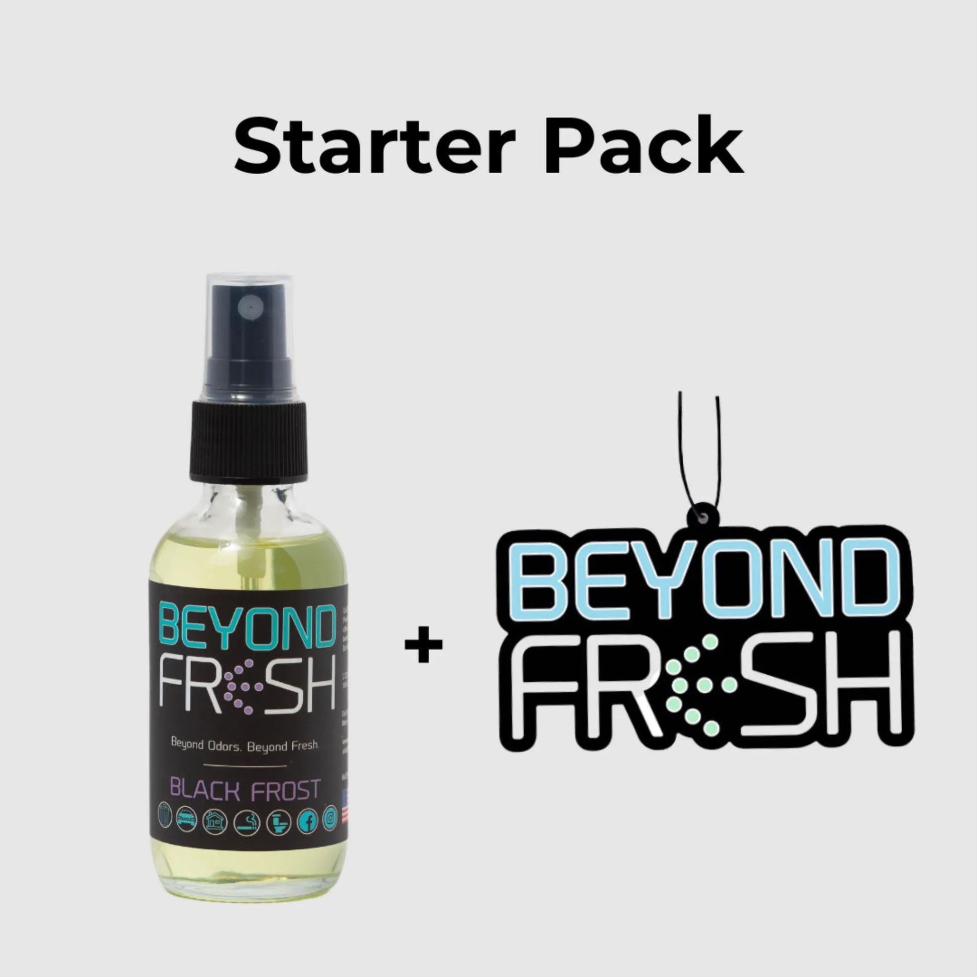 Starter Pack: One bottle of an air freshener spray and a reusable hanging scent tag with brand logo on a white background