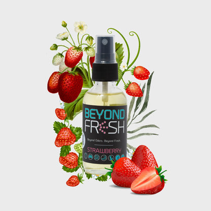 Bottle of Strawberry scent with strawberries and green leaves on a light gray background