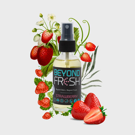 Bottle of Strawberry scent with strawberries and green leaves on a light gray background