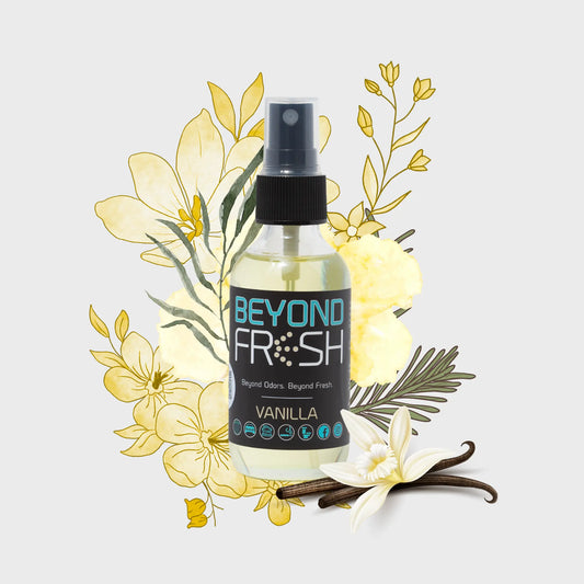 Bottle of Vanilla scent with floral and vanilla bean elements on a light background