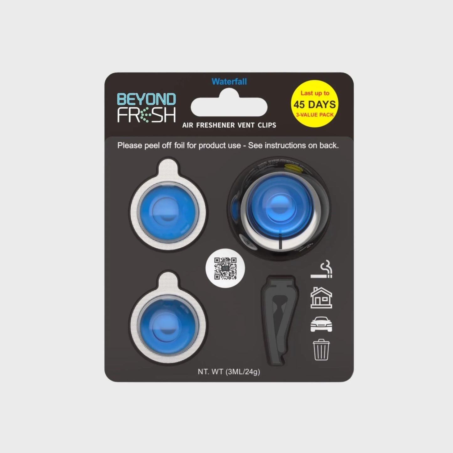 Packaging of Beyond Fresh air freshener air vent, Waterfall scent on a white background