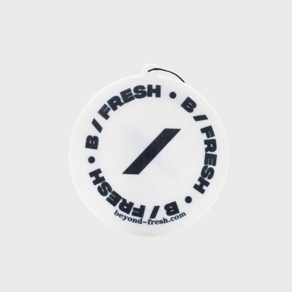 Black circular B/Fresh Reusable Hanging Tag on a white background